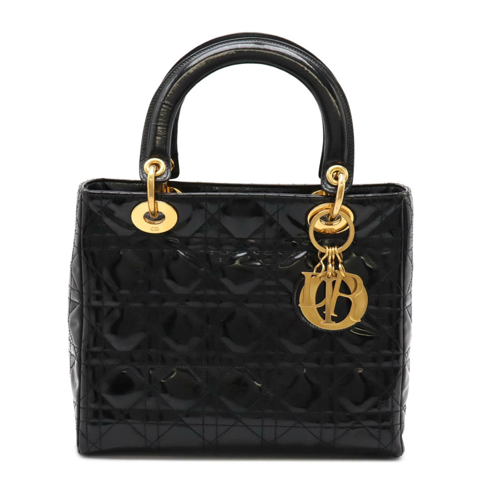 Christian Dior Lady handbag tote bag enamel Patent Vernis leather black